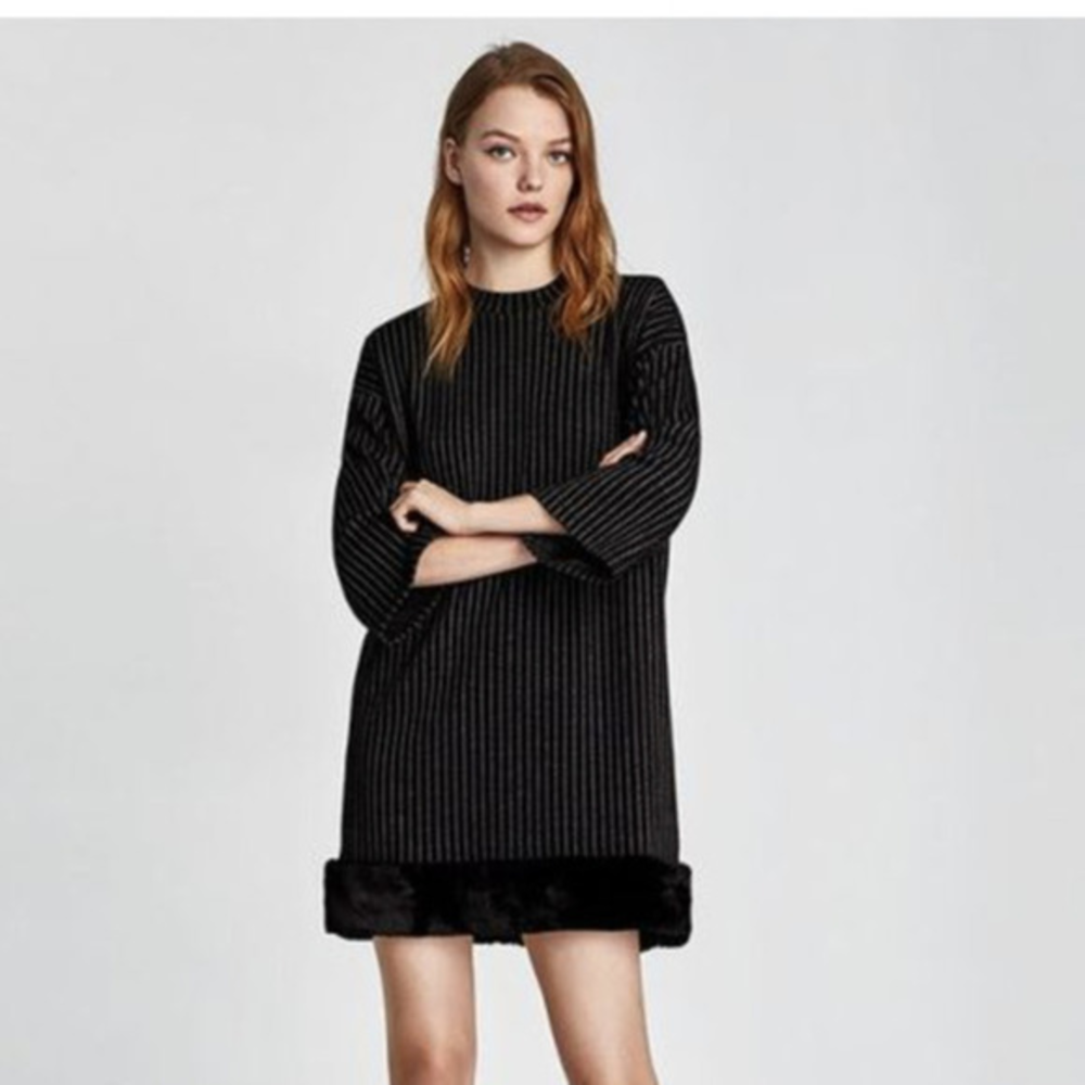 𝅺Zara Knit‎ Fur Trim Shift Dress | Grey/Black Size Small